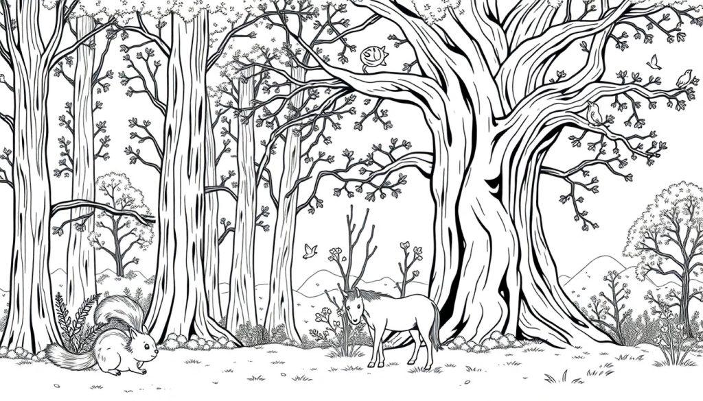 Kleurplaat van een bos met een eekhoorn, paard en bergen.