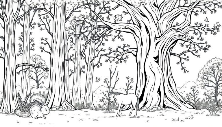 Kleurplaat van een bos met een eekhoorn, paard en bergen.