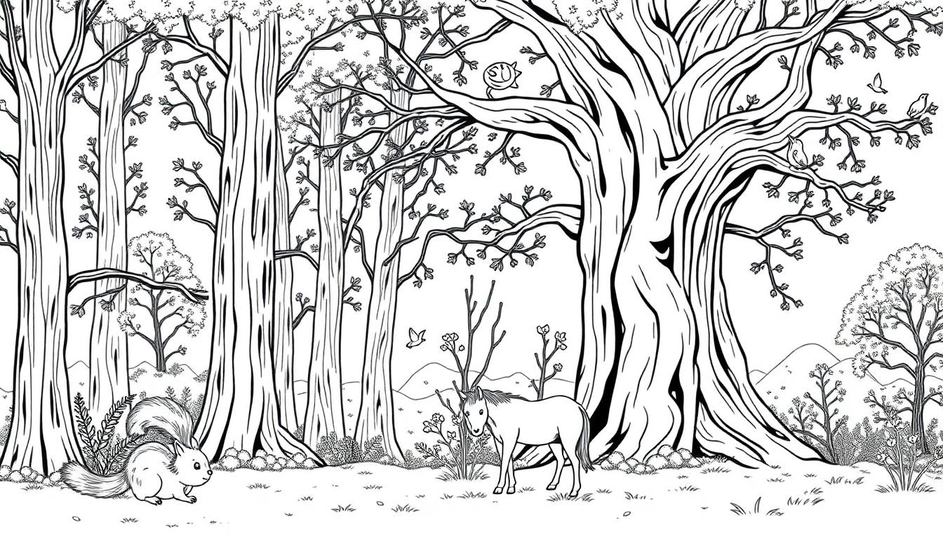 Kleurplaat van een bos met een eekhoorn, paard en bergen.