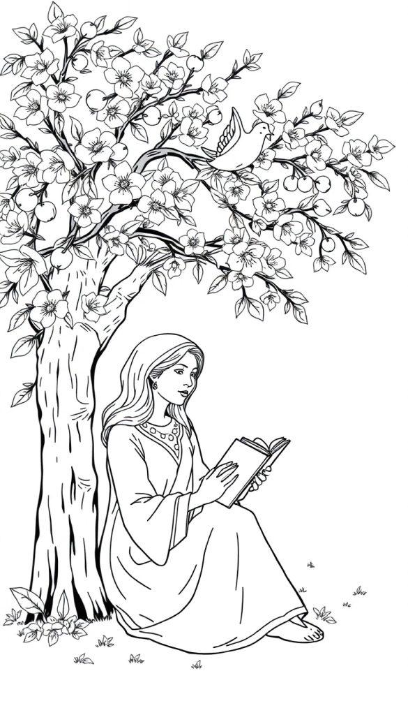 Kleurplaat van een meisje dat onder een bloeiende boom zit te lezen.