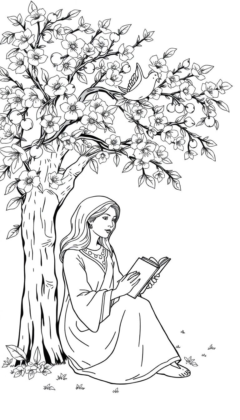 Kleurplaat van een meisje dat onder een bloeiende boom zit te lezen.