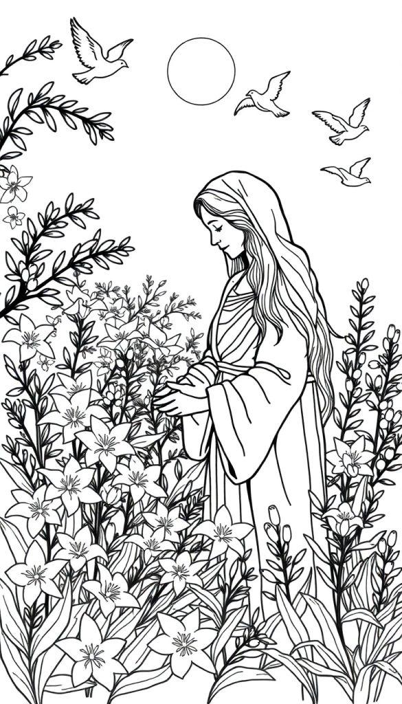 Kleurplaat van Maria met lelies en duiven.