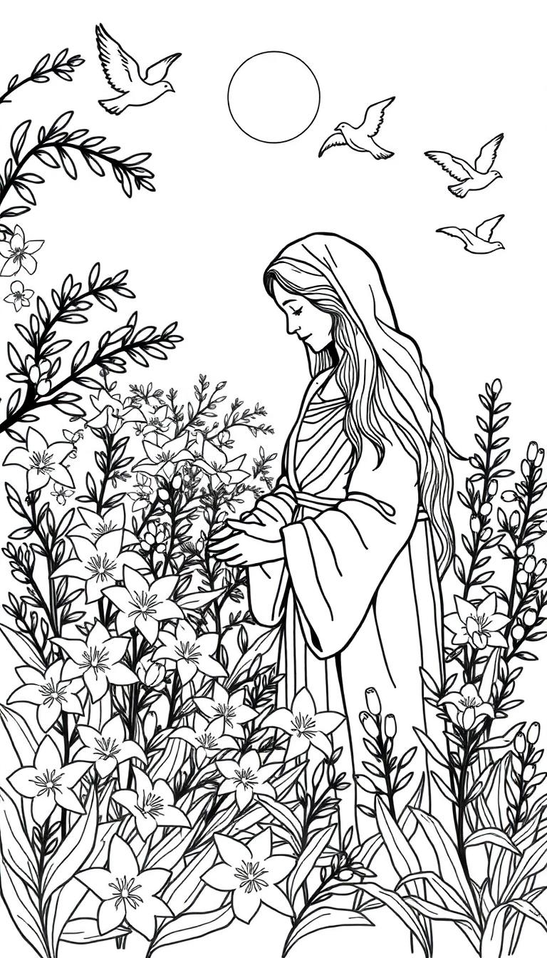 Kleurplaat van Maria met lelies en duiven.
