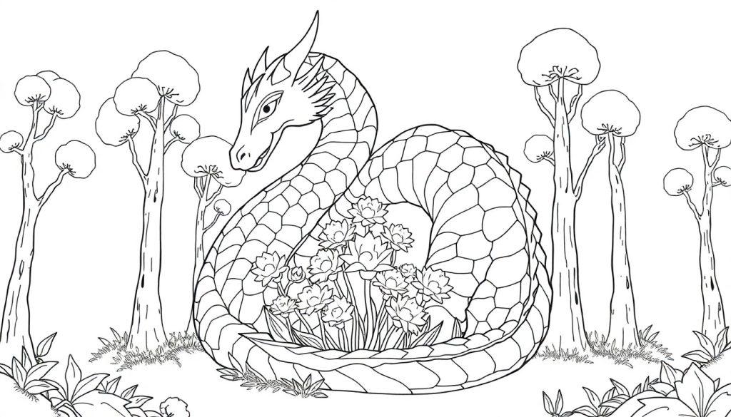 Een kleurplaat van een draak die om bloemen heen gewikkeld is in een bos.