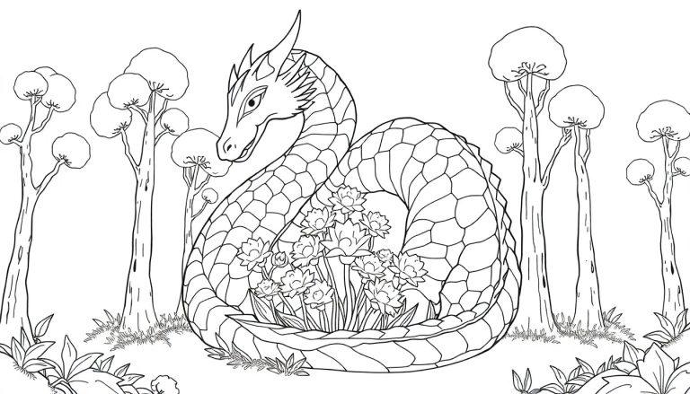 Een kleurplaat van een draak die om bloemen heen gewikkeld is in een bos.