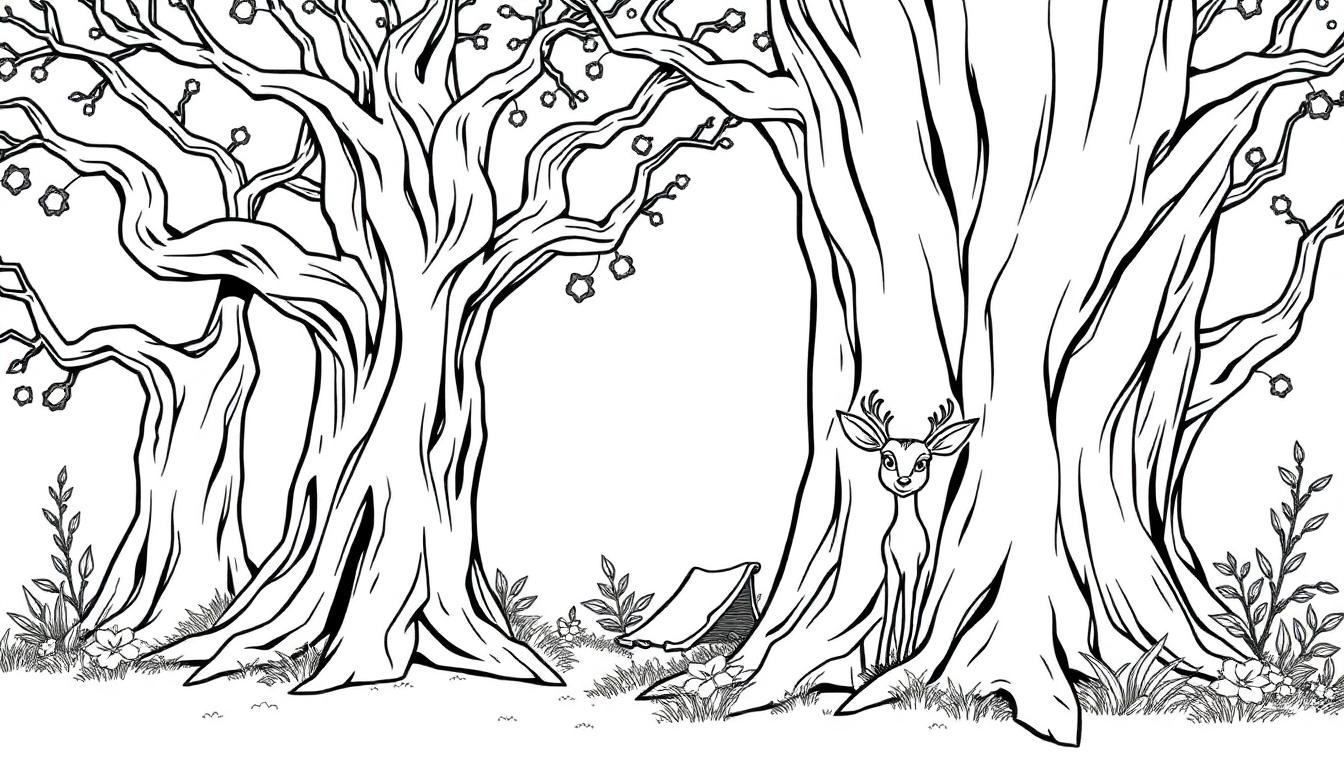 Kleurplaat van een sprookjesbos met oude bomen en een hertje.