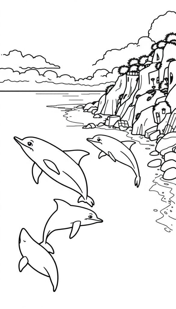 Kleurplaat van een kustlandschap met springende dolfijnen.