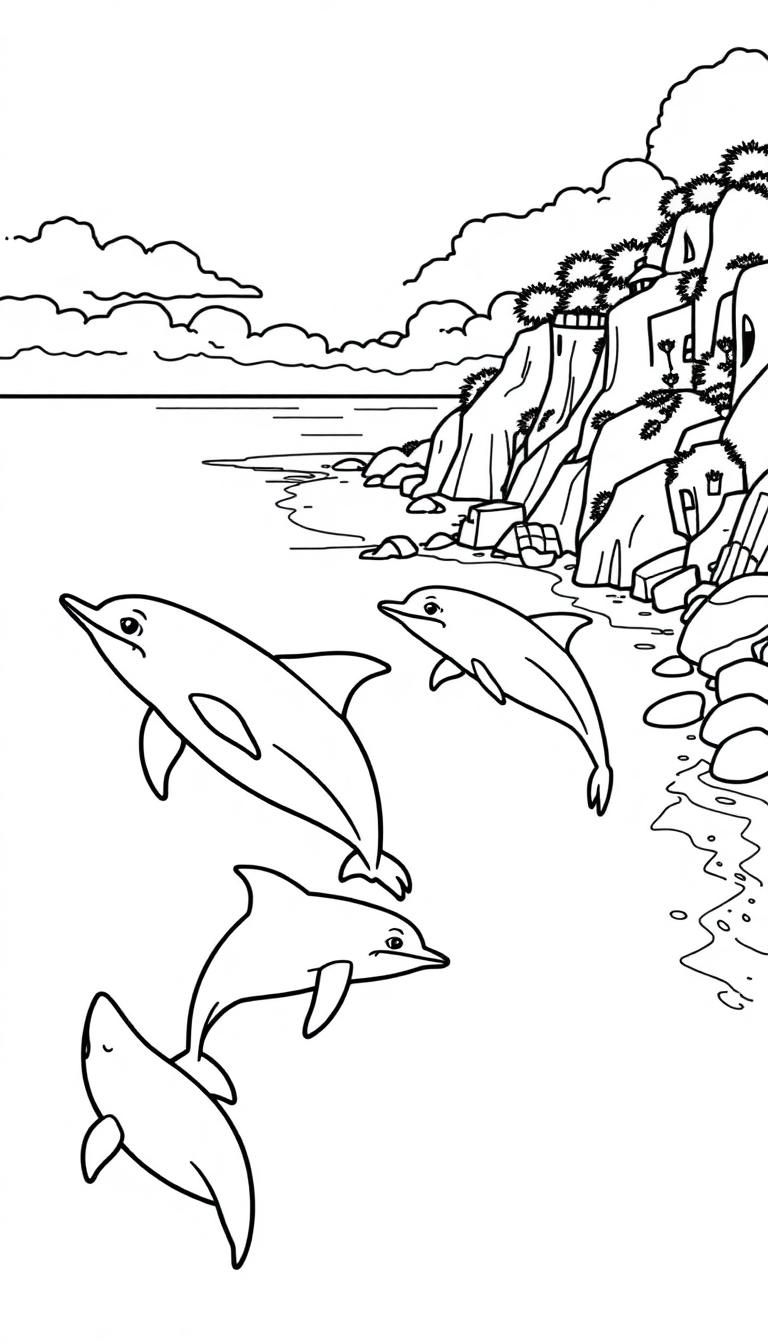 Kleurplaat van een kustlandschap met springende dolfijnen.