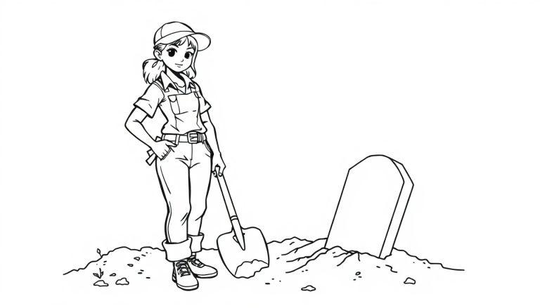 Kleurplaat van een meisje met een schop bij een graf, een vrouwelijke grafdelver.