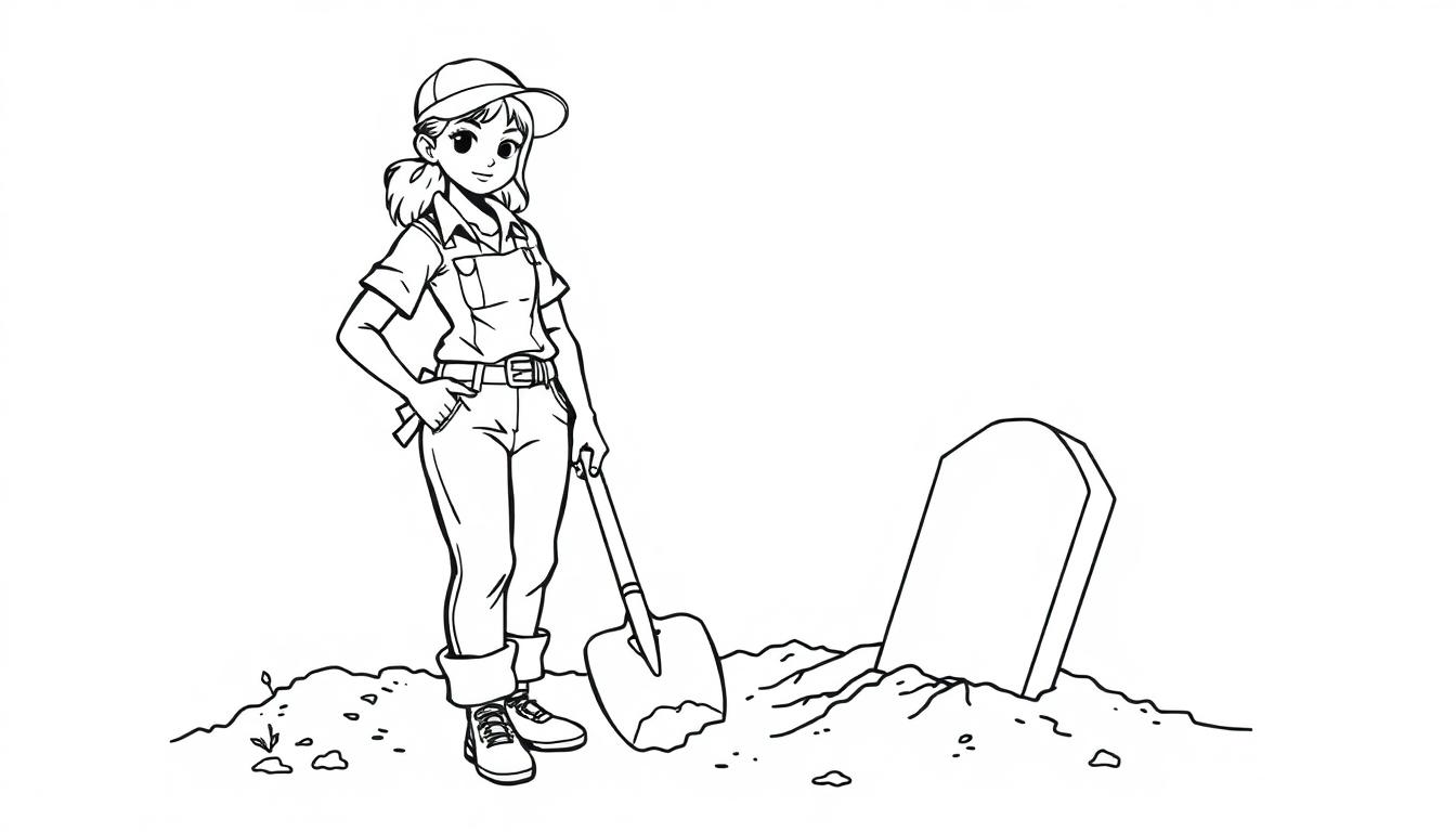 Kleurplaat van een meisje met een schop bij een graf, een vrouwelijke grafdelver.