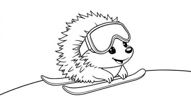 Zwart-witte kleurplaat van een lachende egel met ski-bril op ski's.