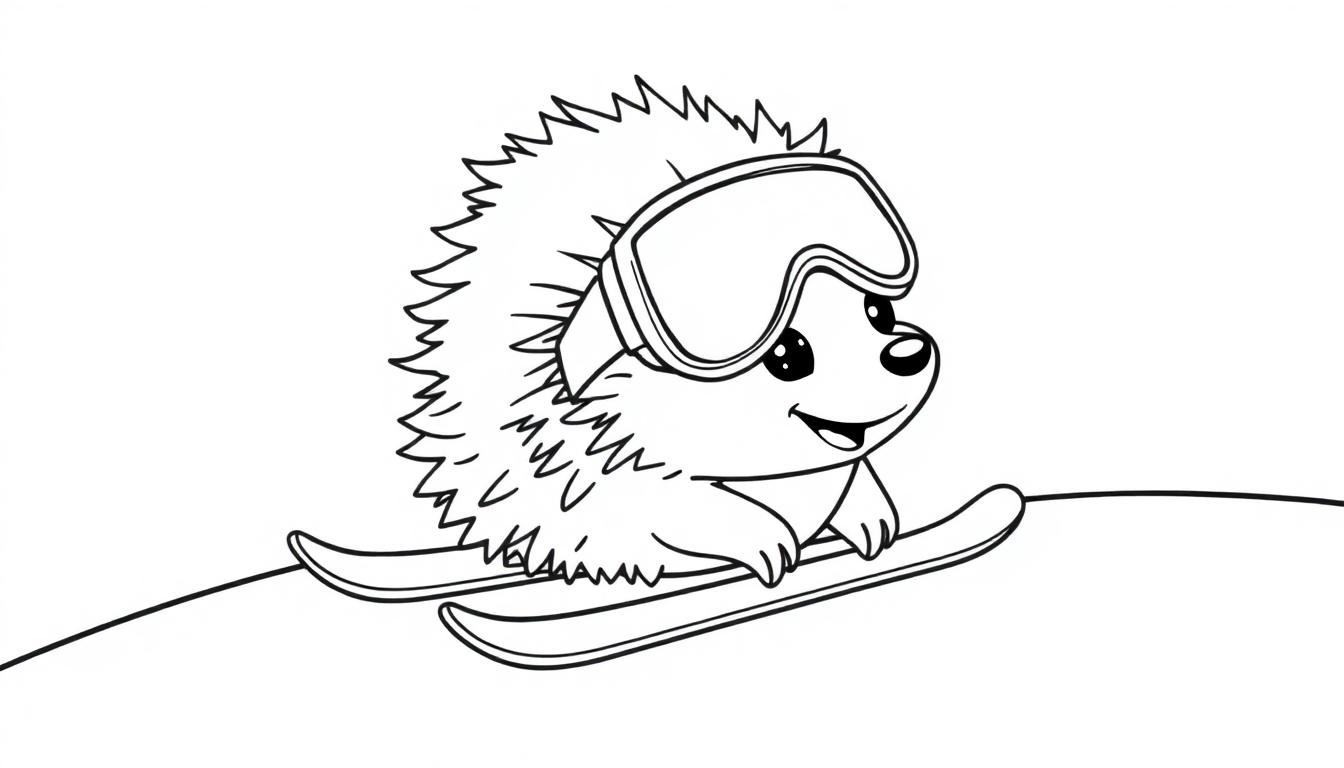 Zwart-witte kleurplaat van een lachende egel met ski-bril op ski's.