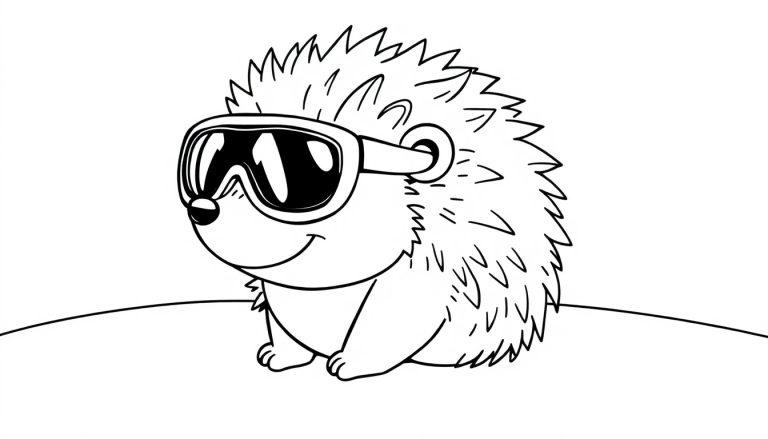 Zwart-wit kleurplaat van een glimlachende cartoon egel met skibril