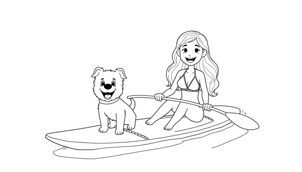 Kleurplaat van een meisje en haar puppy in een kano.