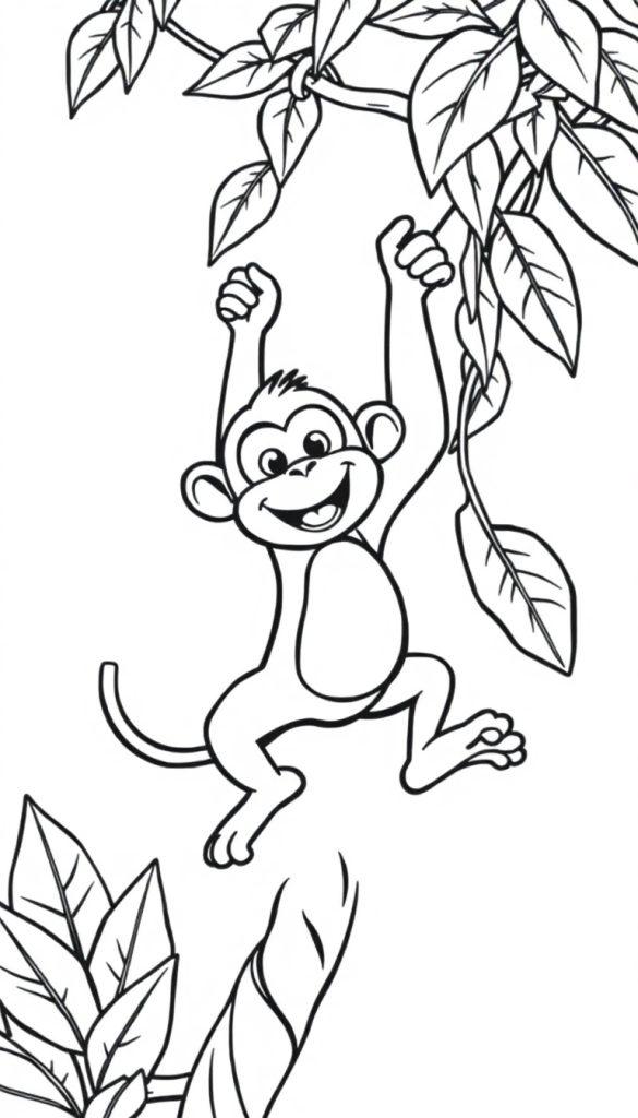 Zwart-wit kleurplaat van een slingerende aap in een boom.