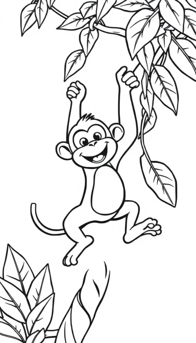 Zwart-wit kleurplaat van een slingerende aap in een boom.