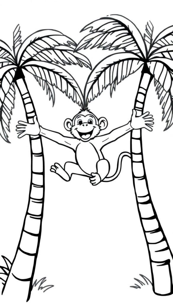 Een zwart-wit kleurplaat van een blije aap die tussen palmbomen slingert.