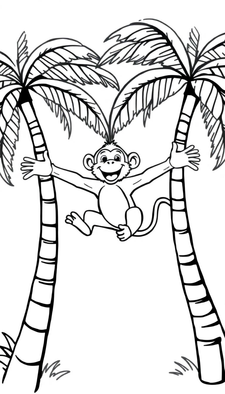 Een zwart-wit kleurplaat van een blije aap die tussen palmbomen slingert.