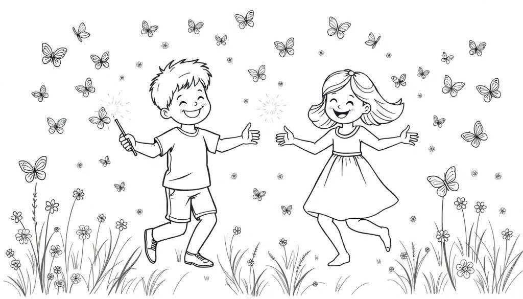 Kleurplaat van een jongen met een toverstaf en een meisje die dansen omringd door vlinders en bloemen.