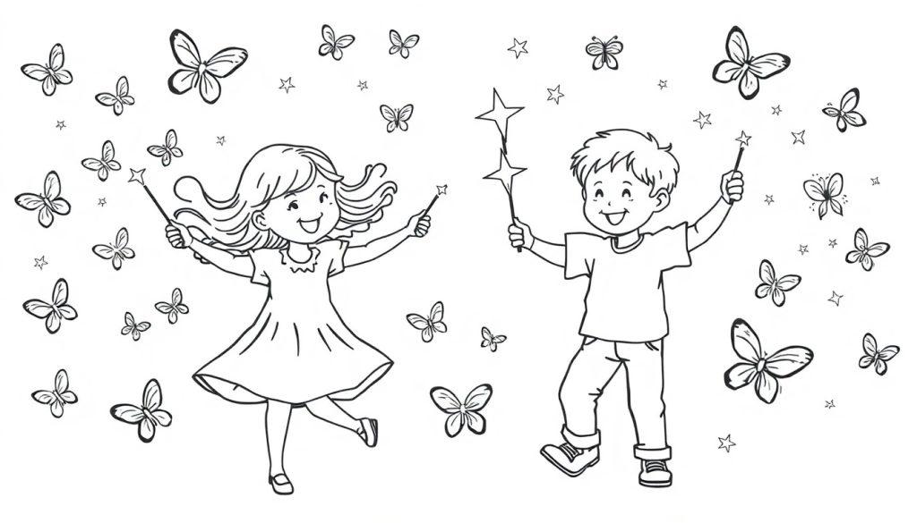 Kleurplaat van twee lachende 4-jarige kinderen met toverstafjes en vlinders.