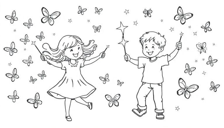 Kleurplaat van twee lachende 4-jarige kinderen met toverstafjes en vlinders.