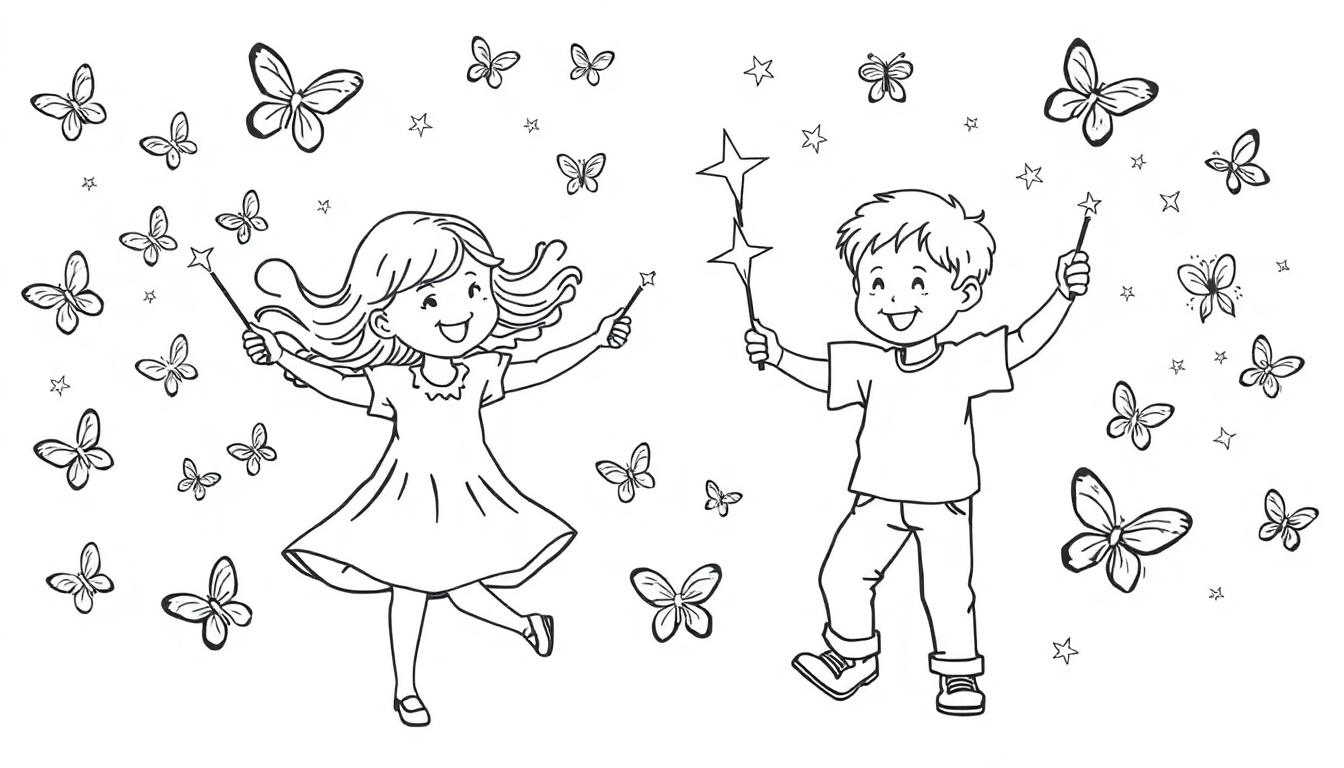 Kleurplaat van twee lachende 4-jarige kinderen met toverstafjes en vlinders.