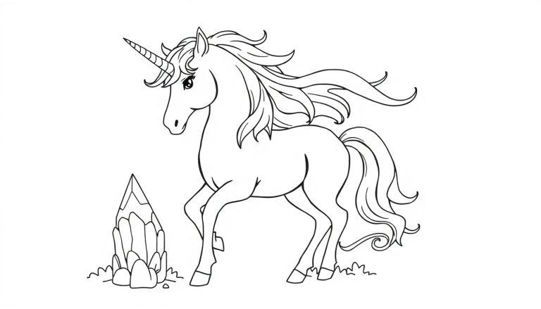 Kleurplaat van een eenhoorn met kristallen.