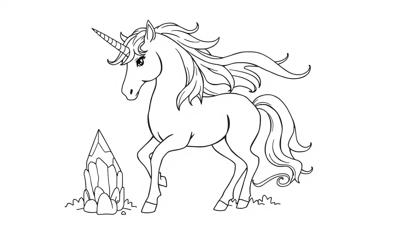 Kleurplaat van een eenhoorn met kristallen.
