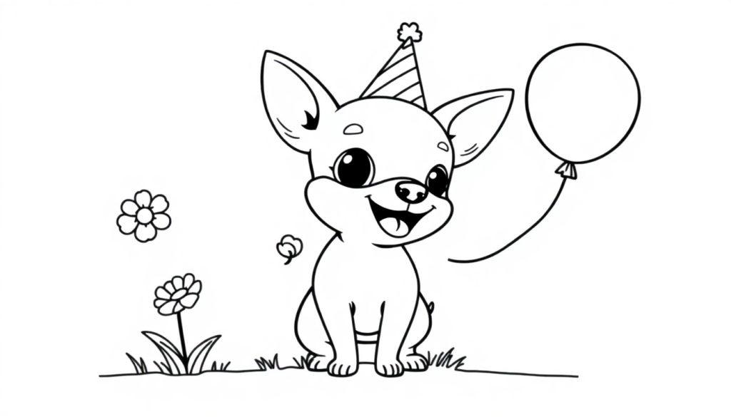 Kleurplaat van een blije chihuahua met verjaardagsmuts en ballon.