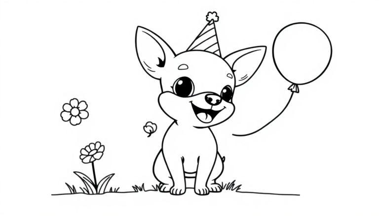 Kleurplaat van een blije chihuahua met verjaardagsmuts en ballon.