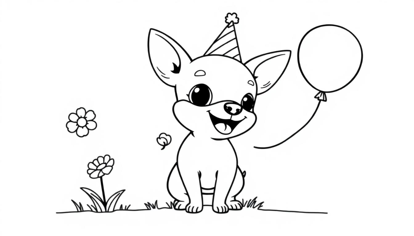 Kleurplaat van een blije chihuahua met verjaardagsmuts en ballon.