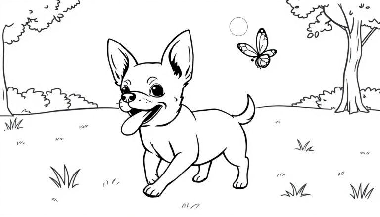 Kleurplaat van een lachende chihuahua met een vlinder.