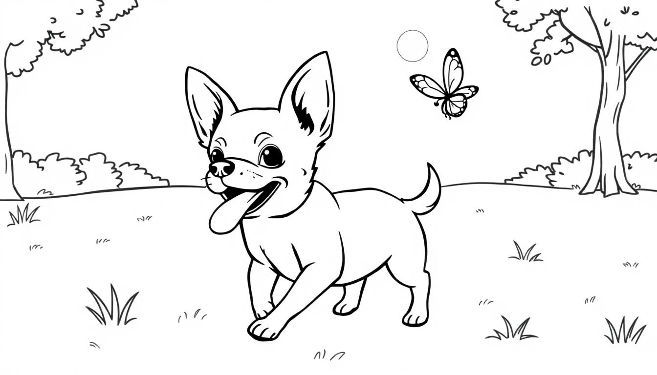 Kleurplaat van een lachende chihuahua met een vlinder.