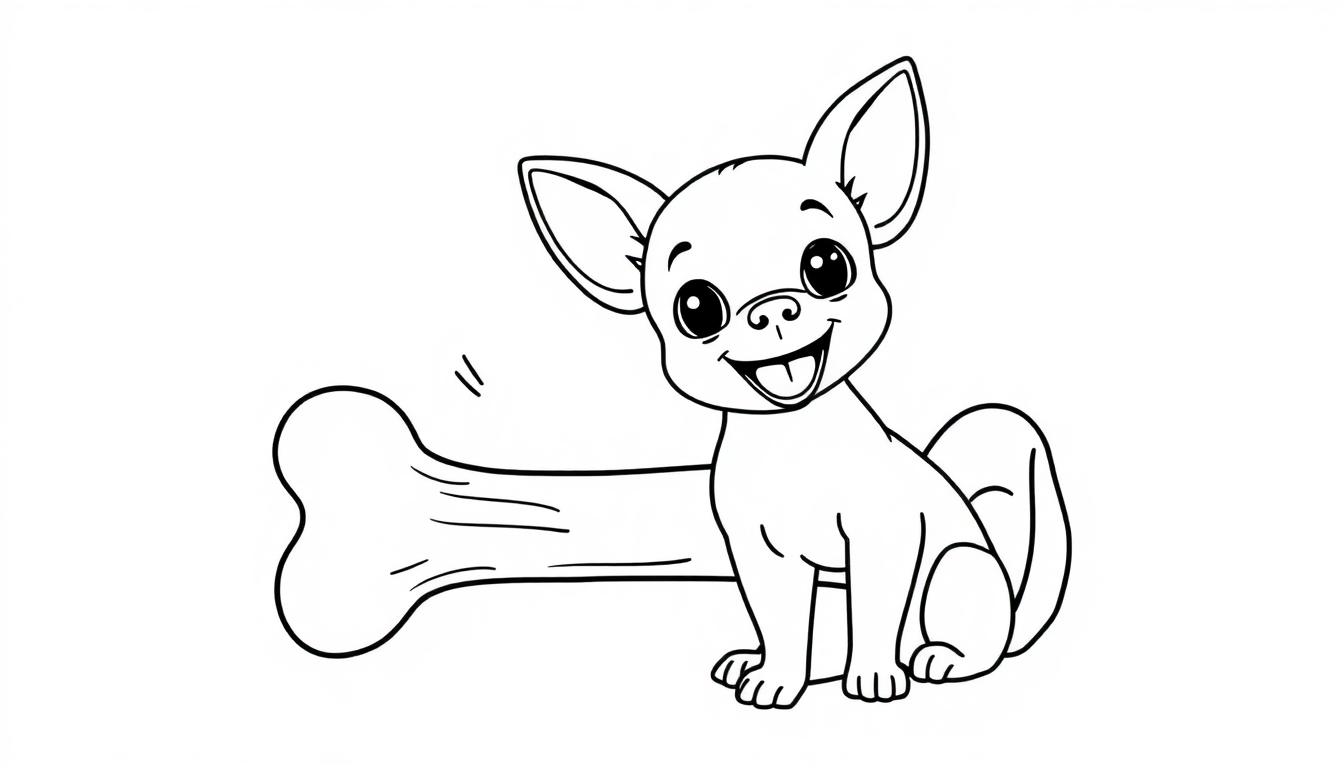 Kleurplaat van een lachende chihuahua pup naast een bot.