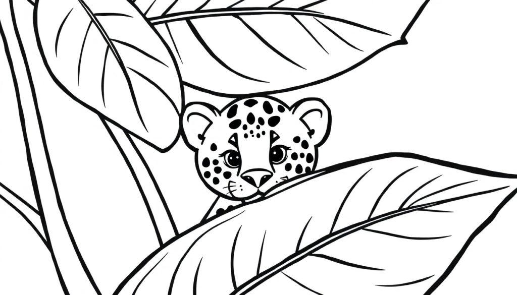 Kleurplaat van een schattig luipaardwelpje verstopt tussen grote bladeren.