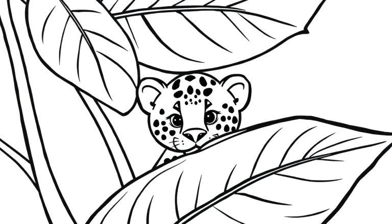 Kleurplaat van een schattig luipaardwelpje verstopt tussen grote bladeren.