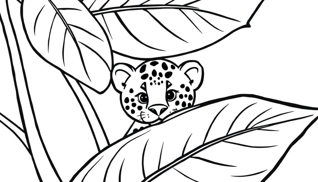 Kleurplaat van een schattig luipaardwelpje verstopt tussen grote bladeren.