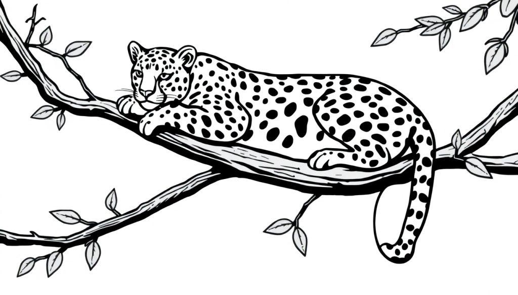 Een zwart-wit kleurplaat van een luipaard op een tak.