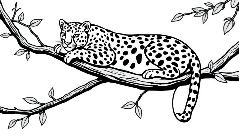 Een zwart-wit kleurplaat van een luipaard op een tak.