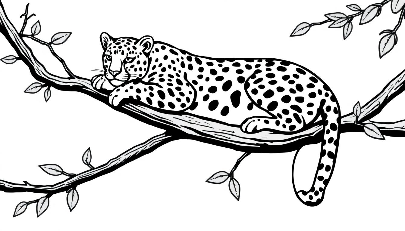Een zwart-wit kleurplaat van een luipaard op een tak.