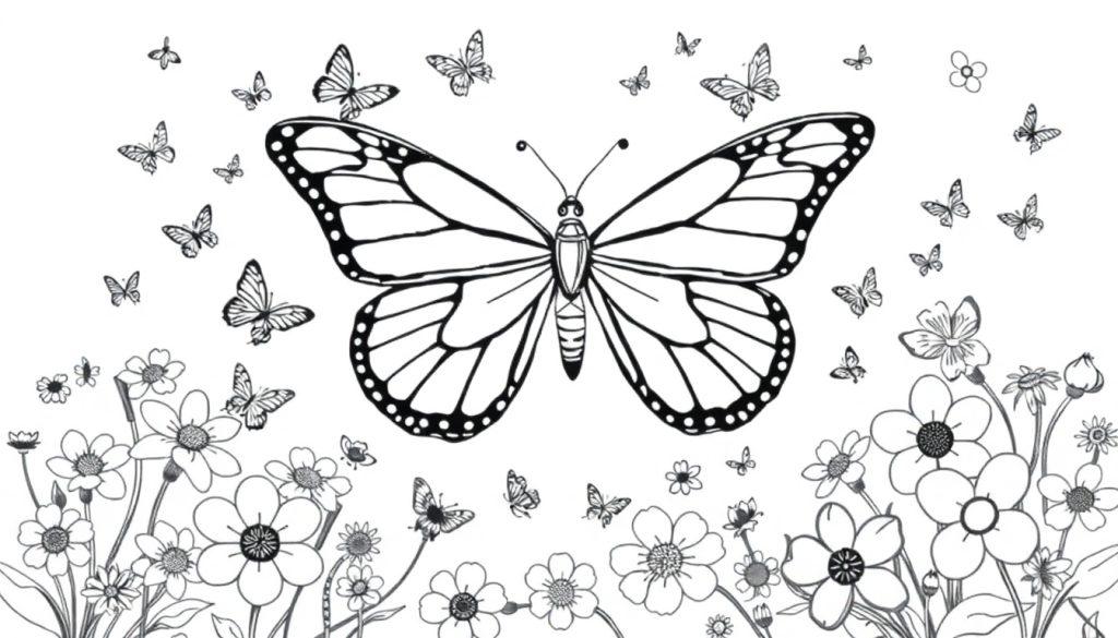 Zwart-wit kleurplaat van een grote vlinder met veel kleine vlinders en bloemen eromheen.
