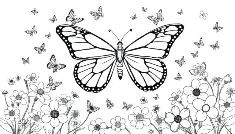 Zwart-wit kleurplaat van een grote vlinder met veel kleine vlinders en bloemen eromheen.