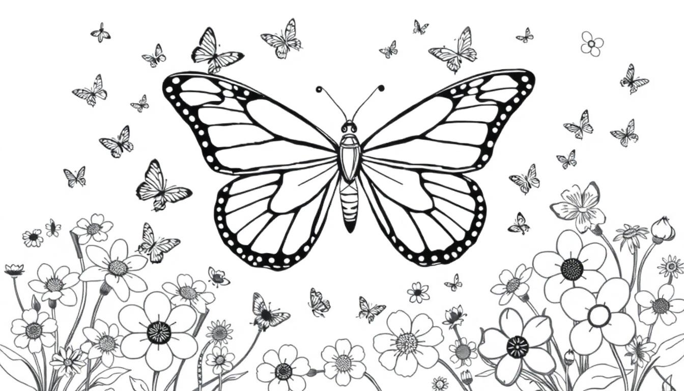 Zwart-wit kleurplaat van een grote vlinder met veel kleine vlinders en bloemen eromheen.