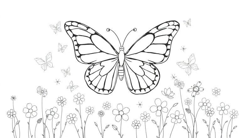 Zwart-wit kleurplaat met een grote vlinder, kleinere vlinders en bloemen