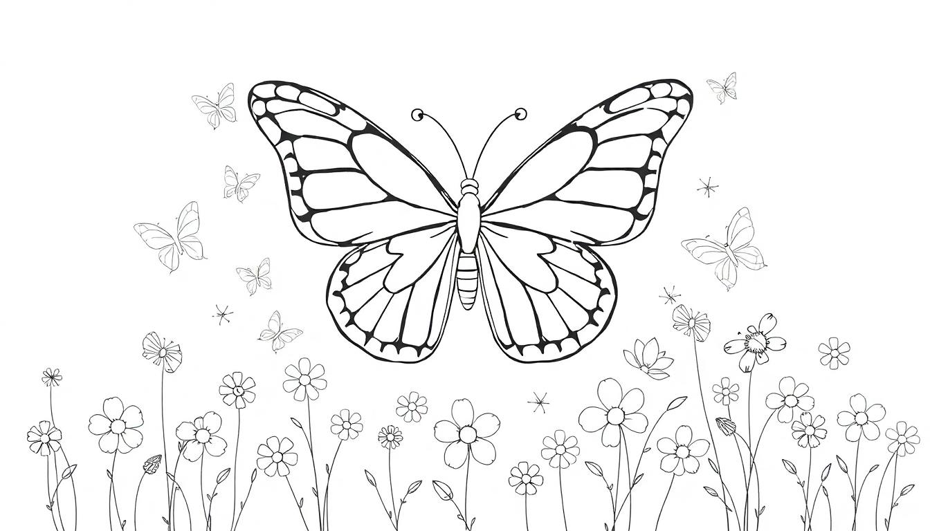 Zwart-wit kleurplaat met een grote vlinder, kleinere vlinders en bloemen