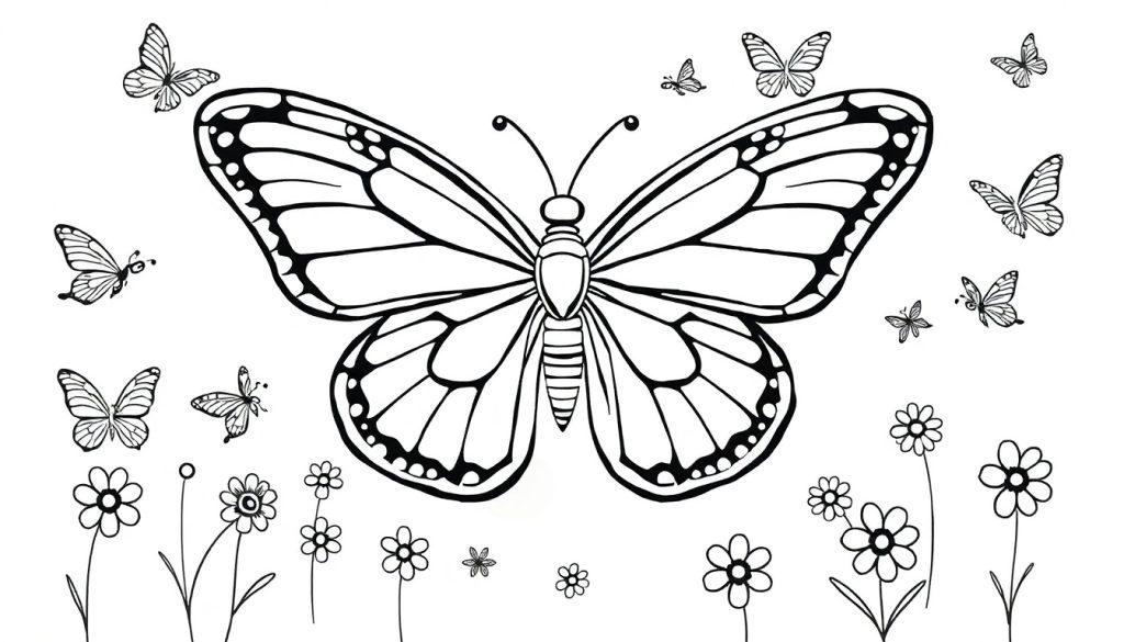 Kleurplaat: Een grote vlinder omringd door kleinere vlinders en bloemen.