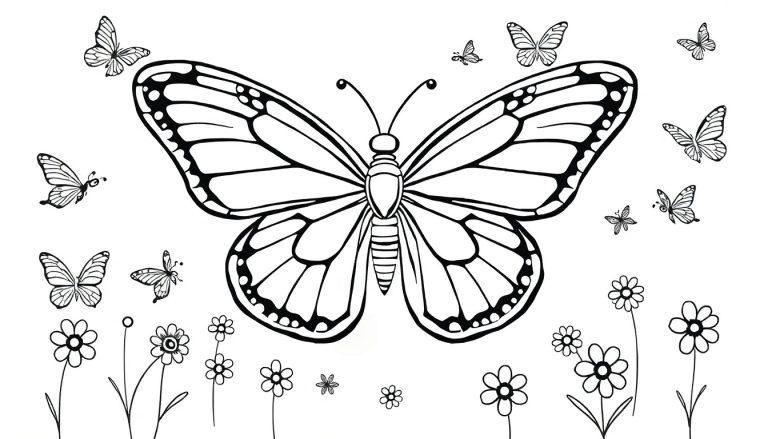 Kleurplaat: Een grote vlinder omringd door kleinere vlinders en bloemen.