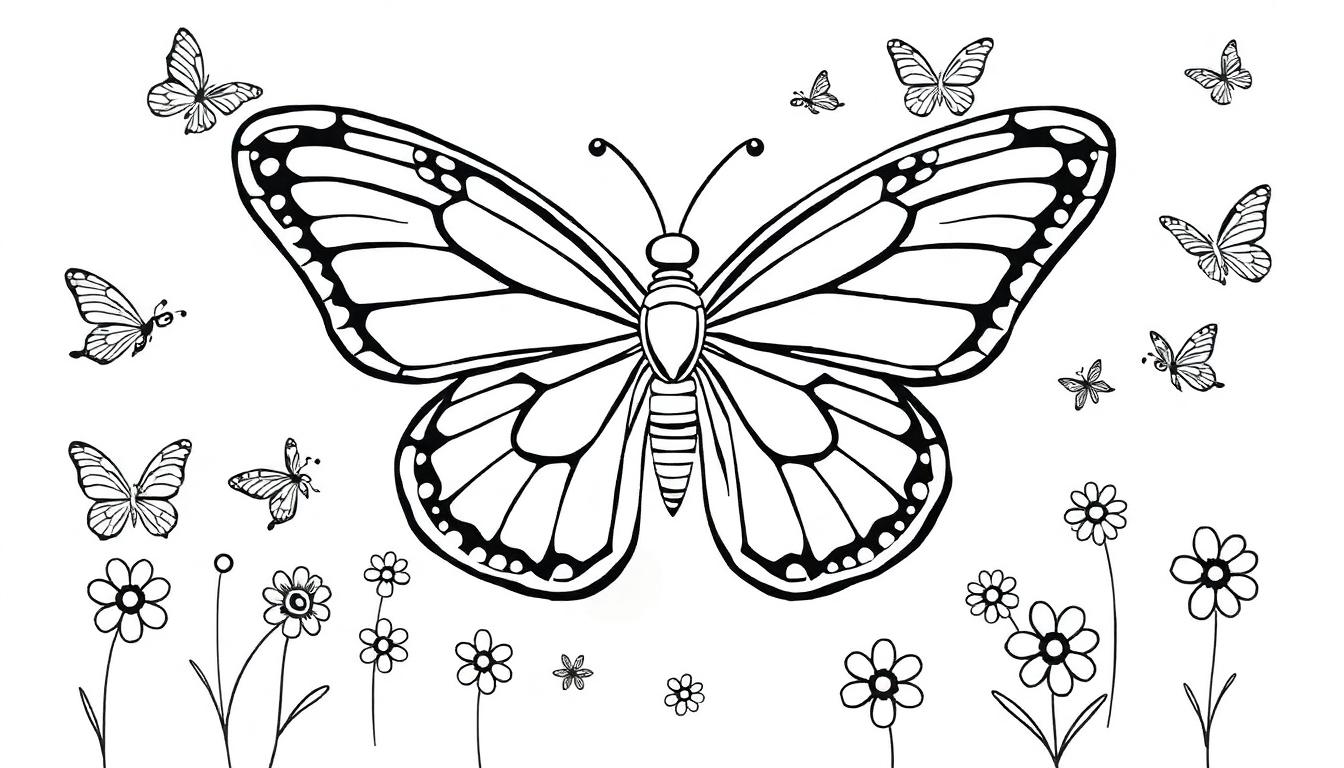 Kleurplaat: Een grote vlinder omringd door kleinere vlinders en bloemen.