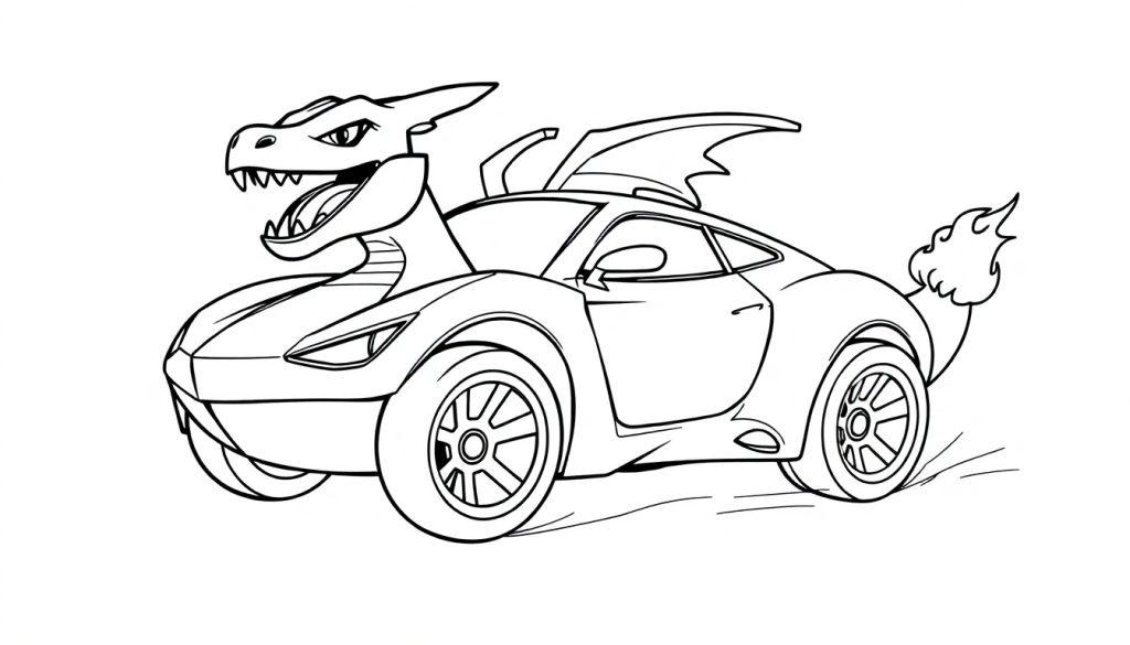 Een zwart-wit kleurplaat van een drakenauto met Charizard-achtige kenmerken.