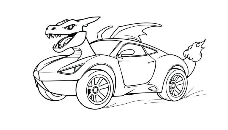 Een zwart-wit kleurplaat van een drakenauto met Charizard-achtige kenmerken.
